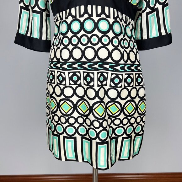 Milly New York Womens Silk Geometric Print Dress Ivory Black Aqua Blue size 10 - Picture 5 of 12